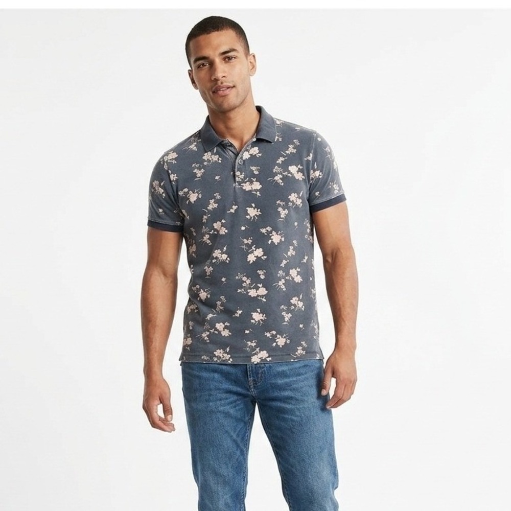 Abercrombie & Fitch Mens Small Gray Floral Stretch Polo Shirt Short Sleeve